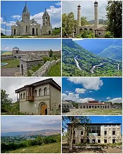 Landmarks of Shusha, from top left: Ghazanchetsots Cathedral • Yukhari Govhar Agha Mosque Shusha fortress • Shusha mountains House of Mehmandarovs • City center Shusha skyline • House of Khurshidbanu Natavan