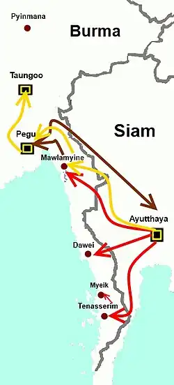 Map showing Siam forces' advance towards Burma: Red: Siamese invasion in 1593 Brown: Siamese invasion and retreat in 1595 Yellow: Siamese invasion in 1599-1600