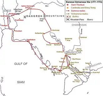 Siamese invasion of Cambodia and Hà Tiên in 1771 and Vietnamese counter-offensives in 1772; Red represents the Siamese. Yellow and Brown represent Cambodia and the Nguyen Lord of Cochinchina.