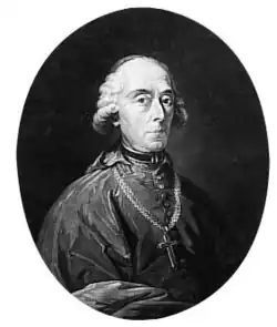 Black-and-white portrait of an elderly man wearing a white powdered wig and the robes and cross of an archbishop.