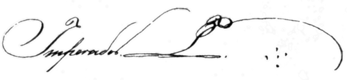Cursive signed Imperador followed by a script P and 5 dots arranged as a cross