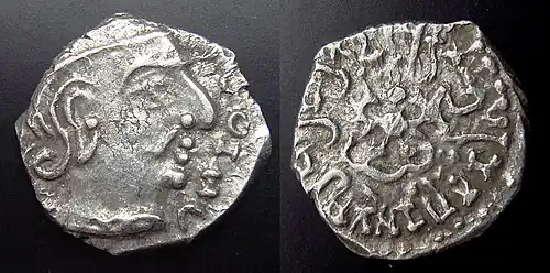 Coin of Gupta Chandragupta II with pseudo-Greek legend in the obverse. 4th century CE