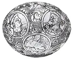 Bactrian types on a silver gilt bowl, 6th c. CE. British Museum.[12][13]