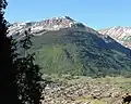 Hancock Peak centered above Silverton, Colorado. Storm Peak to left, and Tower Mountain to the right.
