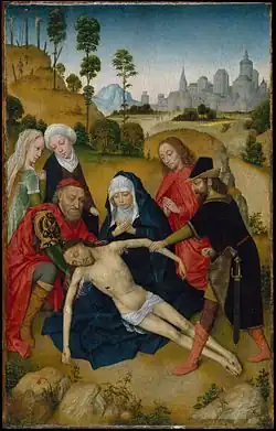 Lamentation by Simon Marmion, with the three crosses high on the hill behind.