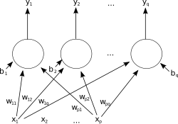 A single-layer feedforward artificial neural network. Arrows originating from '"`UNIQ--postMath-0000000E-QINU`"' are omitted for clarity. There are p inputs to this network and q outputs. In this system, the value of the qth output, '"`UNIQ--postMath-0000000F-QINU`"', is calculated as '"`UNIQ--postMath-00000010-QINU`"'