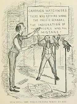 A black-and-white cartoon of a man teaching two parrots to say, "There was nothing wrong in the Pacific Scandal. The indignation of the people was all a mistake!"