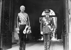 Sir Robert Clive, new British Ambassador (left), leaving with General Dubois after presenting his credentials to King Leopold at the Royal Palace in Brussels. 14 July 1937