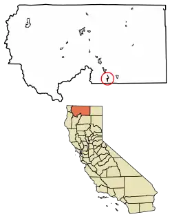 Location of Dunsmuir in Siskiyou County, California