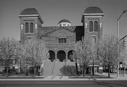 A black and white photograph of the Sixteenth Street Baptist Church in Birmingham, Alabama