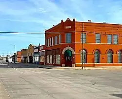 Old bank building and downtown at Snyder, 3-2025