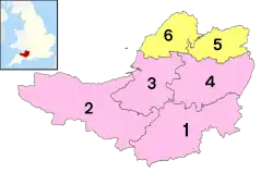 Image 24The ceremonial county immediately prior to the 2023 local government restructuring, with South Somerset (1), Somerset West and Taunton (2), Sedgemoor (3) and Mendip (4) as non-metropolitan districts (shown in pink), and just Bath and North East Somerset (5), and North Somerset (6) as unitary authorities (shown in yellow). (from Somerset)