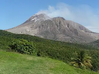 Large volcano rising above a tropical forest.