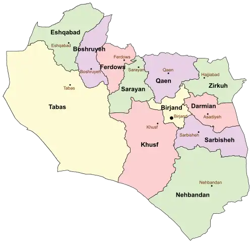 Location of Sarayan County in South Khorasan province (top center, green)