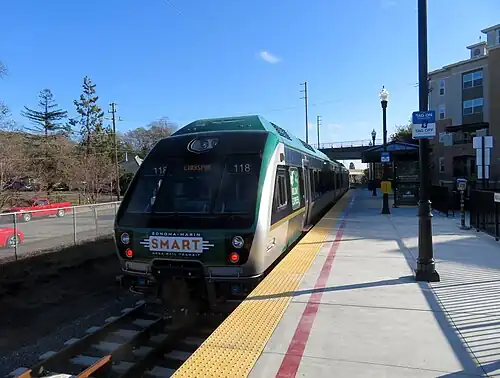 A southbound train at Novato Downtown station, 2019