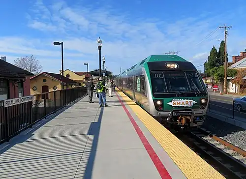 A southbound train at Petaluma Downtown station, 2019