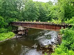 An abandoned railroad bridge over a small river