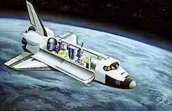 Space art for the Spacelab 2 mission, showing some of the various experiments in the payload bay. Spacelab was a major European contribution to the Space Shuttle program
