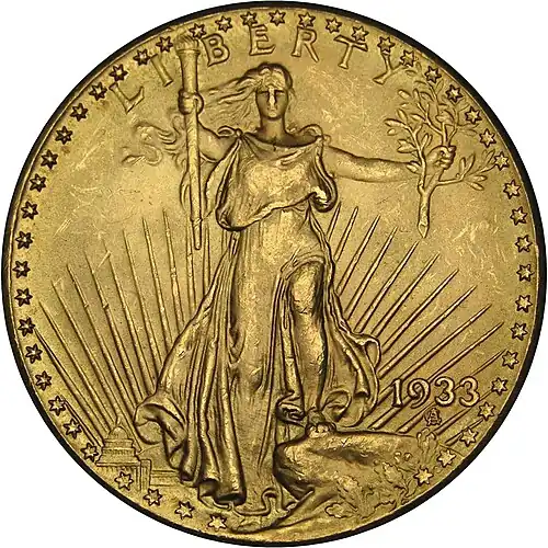 Image 2 1933 double eagle Photo: United States Mint The 1933 double eagle is a gold coin of the United States with a $20 face value. 445,500 specimens of this Saint-Gaudens double eagle were minted in 1933, the last year of production for the double eagle, but no specimens ever officially circulated, and nearly all were melted down due to the discontinuance of the domestic gold standard in 1933. It currently holds the record for the highest price paid at auction for a single U.S. coin, having been sold for $7.59 million. More selected pictures