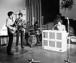 The Spencer Davis Group rehearsing before a performance in Amsterdam in 1966; L-R: Muff Winwood, Spencer Davis, Pete York, and Steve Winwood