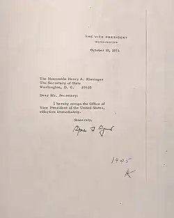 Typed letter on vice-presidential headed notepaper. Ddated October 10, 1973, it reads 'The Honorable Henry A. Kissinger The Secretary of State Washington, D. C. 20520 – Dear Mr. Secretary: I hereby resign the Office of Vice President of the United States, effective immediately. – Sincerely,' and is hand signed 'Spiro T. Agnew'. It carries the text '1405 HK', added by a second hand.