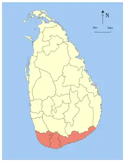 Map indicating the extent of Southern Province within Sri Lanka