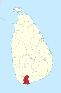 Area map of Matara District, roughly rectangular in shape and extending inwards from the southern coast, in the Southern Province of Sri Lanka