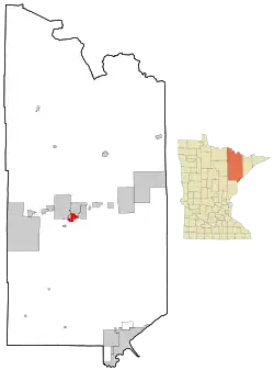 Location of the city of Eveleth within St. Louis County, Minnesota