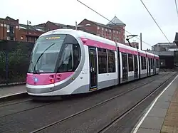 Five-section CAF Urbos low-floor car in Birmingham, United Kingdom