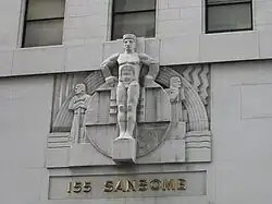 Stackpole's heroic figures were direct-carved in situ on a scaffold over the entrance of the Stock Exchange Tower[21]