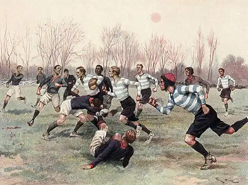 Image 8 Stade Français Photograph: Georges Scott; Restoration: Adam Cuerden An illustration showing the Stade Français rugby union team, wearing dark blue jerseys, playing against Racing Club (now known as Racing 92) in 1906. On 20 March 1892, the two teams played in the first ever French rugby championship in a one-off game. More selected pictures