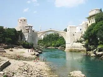 Ottoman 16th-century single-arch bridge Stari most over the River Neretva in Mostar in Bosnia and Herzegovina