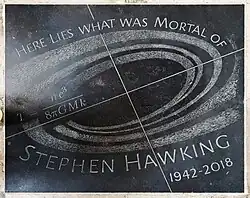 A black stone slab with a grey spiral, an equation, and the words "Here lies what was mortal of Stephen Hawking 1942–2018".