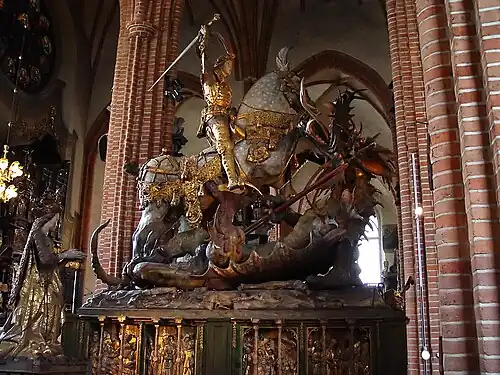 Saint George and the Dragon, wood carving by Bernt Notke in Stockholm's Storkyrkan (1470s)