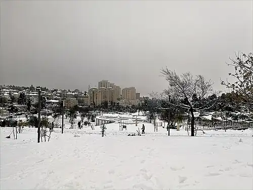 Sacher Park in Jerusalem, covered with snow