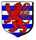 Barruly of eight, argent and azure, a lion rampant gules