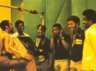 The Stylistics (left to right): Producer Thom Bell, Herb Murrell, James Smith, James Dunn, Airrion Love, and Russell Thompkins Jr. in 1972
