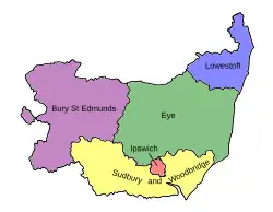 Map of parliamentary constituencies in Suffolk 1950–1983