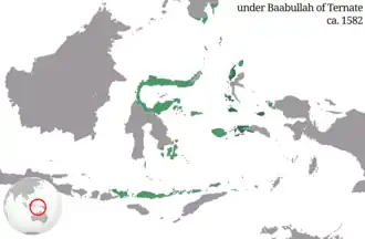 The Sultanate of Ternate at its greatest extent during the reign of Babullah of Ternate, c. 1582.