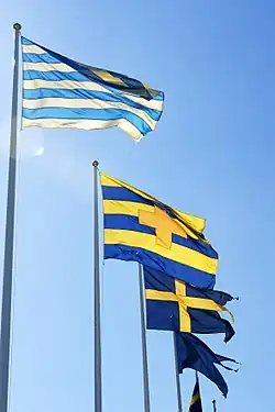 Swedish historic maritime flags at the Maritime Museum in Stockholm. The striped designs are some of the earliest variants on the general theme of the state colours of blue and yellow.