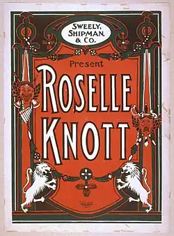 1906 poster announcing an appearance by Roselle Knott. The background is red, the lettering is white; illustrations include comedy/tragedy masks, and lions.