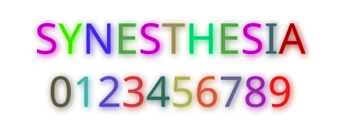 "SYNESTHESIA" in all-caps with "0123456789" below it. Each glyph is colored differently, though identical glyphs are in the same color.
