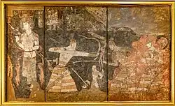 Battle scene with soldiers in armour. Penjikent murals, 6th-7th century CE.