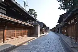 Street with traditional Japanese wooden houses.