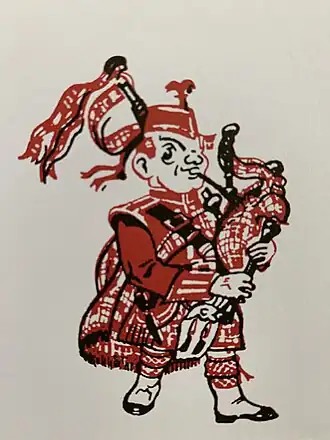 Black and red line-art cartoon figure of a stereotypical tartan-wearing bagpiper
