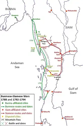 Map of the Burmese–Siamese War of 1792 through 1794