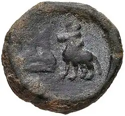 Taxila single dye coin with bull and arched-hill symbol (185-168 BCE).