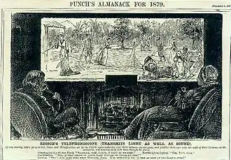 Image 76"Fiction becomes fact": Imaginary "Edison" combination videophone-television, conceptualized by George du Maurier and published in Punch magazine. The drawing also depicts then-contemporary speaking tubes, used by the parents in the foreground and their daughter on the viewing display (1878). (from History of videotelephony)