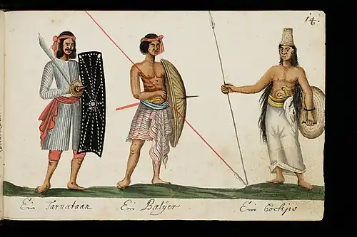 Image 103From left to right: Ternate, Bali and Bugis soldiers, European illustration from the 17th century (from History of Indonesia)