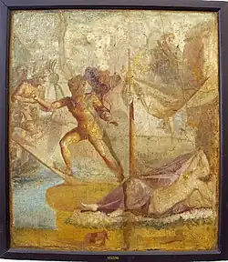 A man, leaping onto a ship at the image's left, departs from a nude woman, who lies in the foreground with a gesture of misery.